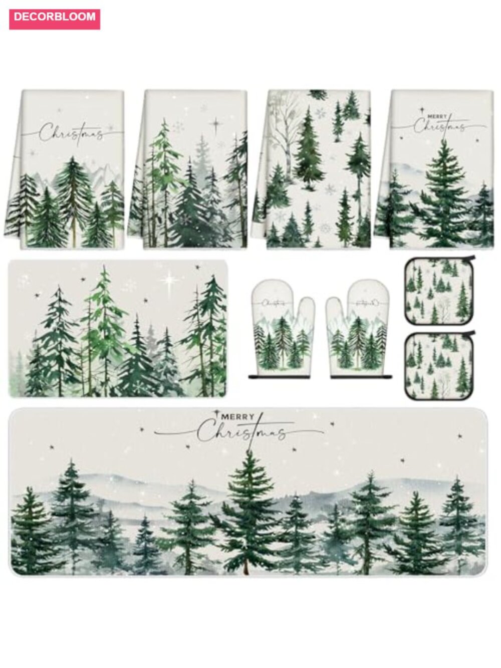 Christmas Kitchen Set Towels Rugs Oven Mitts Pot Holders 10 Pc Farmhouse
